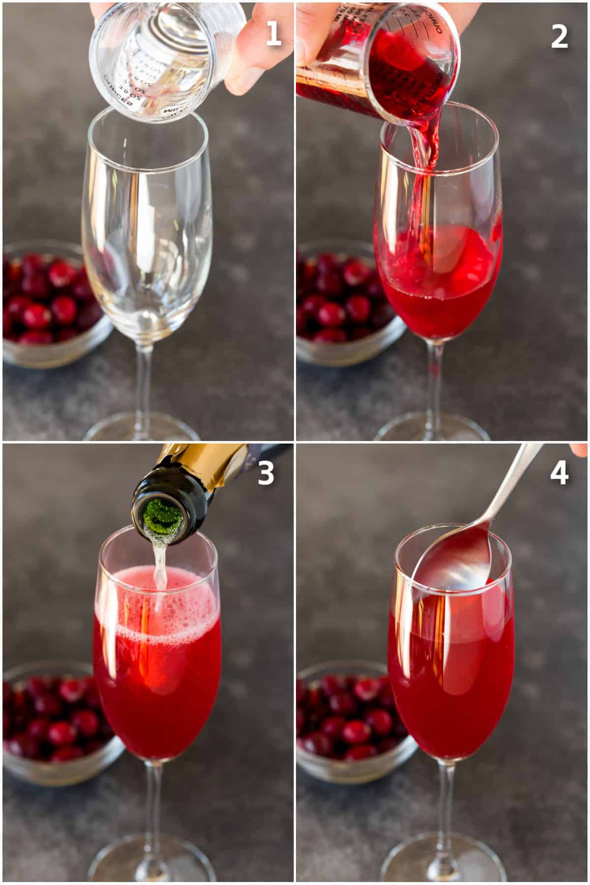 A champagne flute with liqueur, champagne and cranberry juice being added to it.
