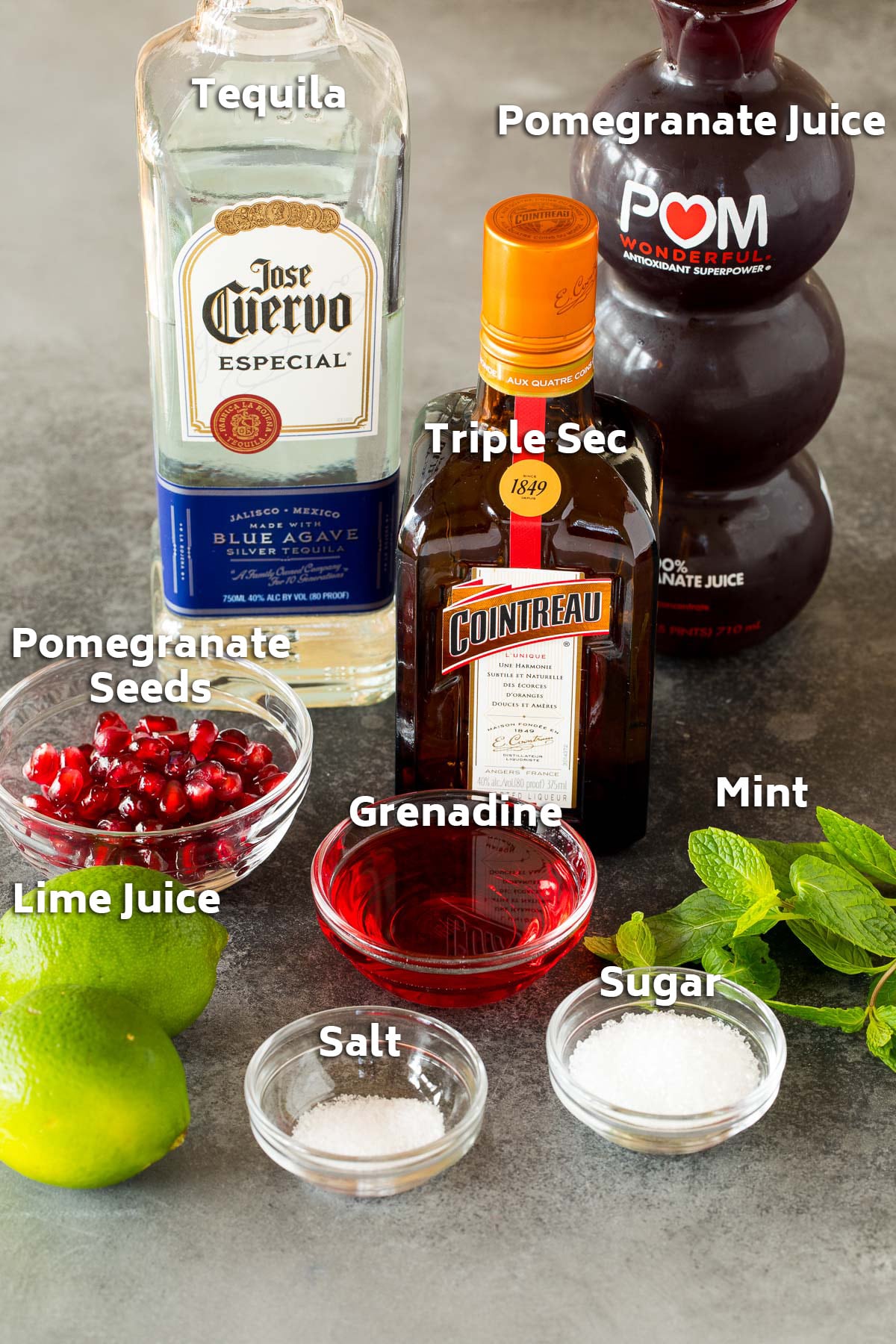 Ingredients including juice, grenadine, tequila, sugar and salt.