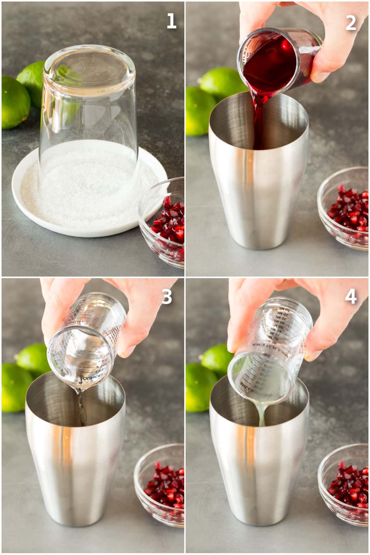 A glass being coated with sugar and juices and liquor going into a cocktail shaker.