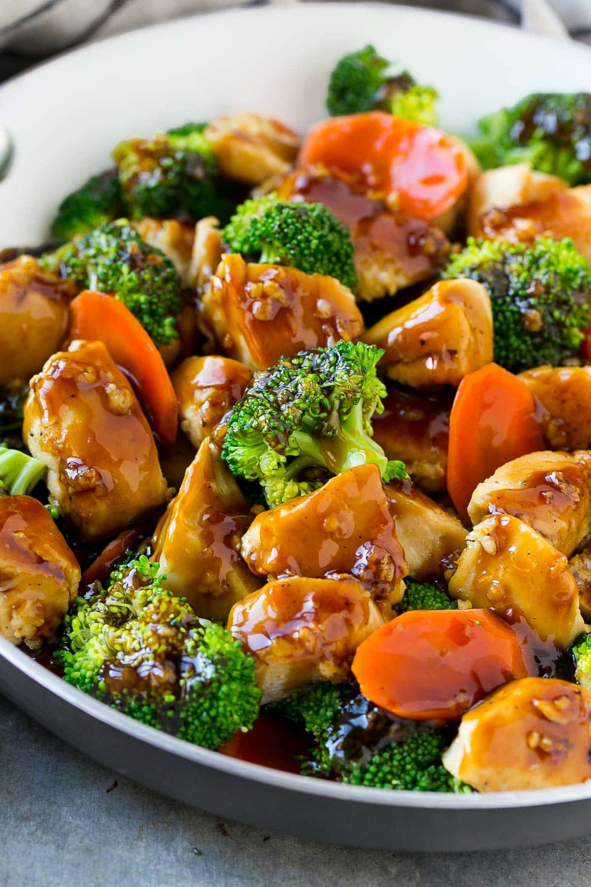 Stir fry sauce served over chicken and vegetables.