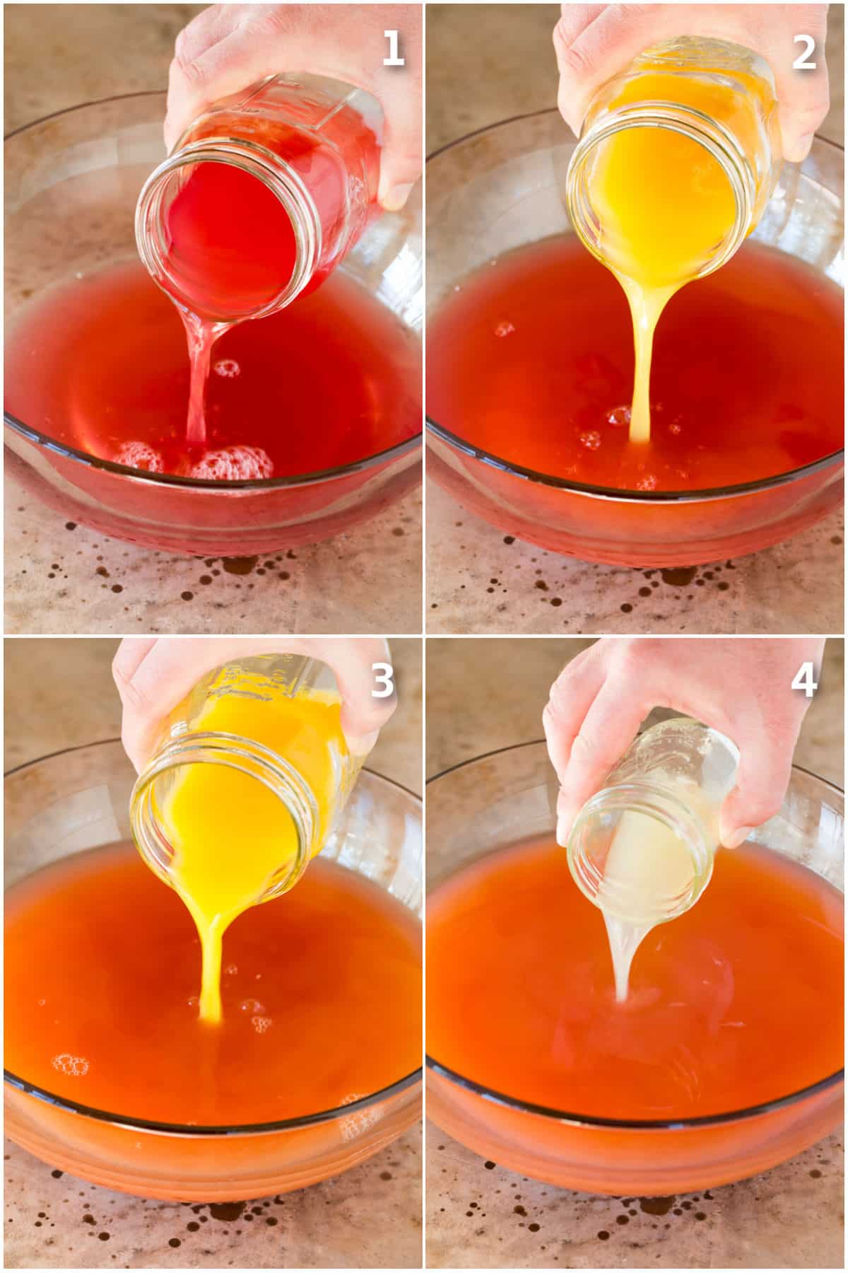 Juices being poured into a punch bowl.