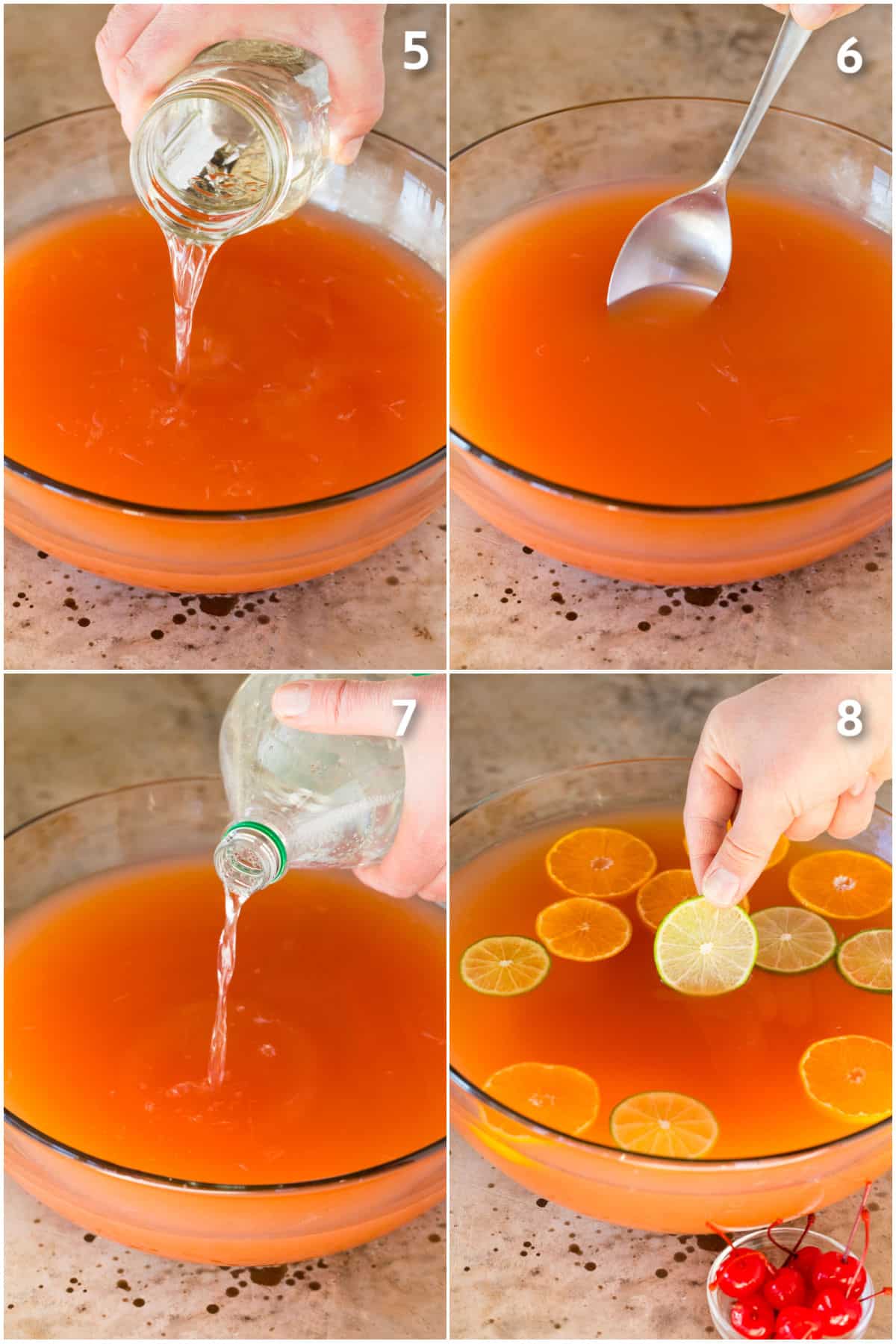Soda poured into a bowl of liquid, a spoon stirring the drink and a hand putting garnishes into the bowl.