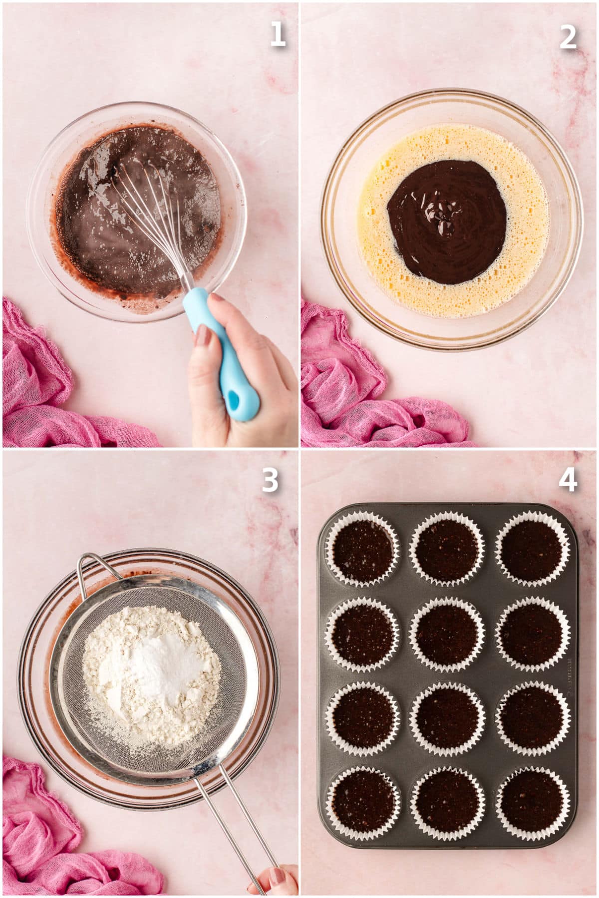 Chocolate cake batter being made and poured into muffin tins.