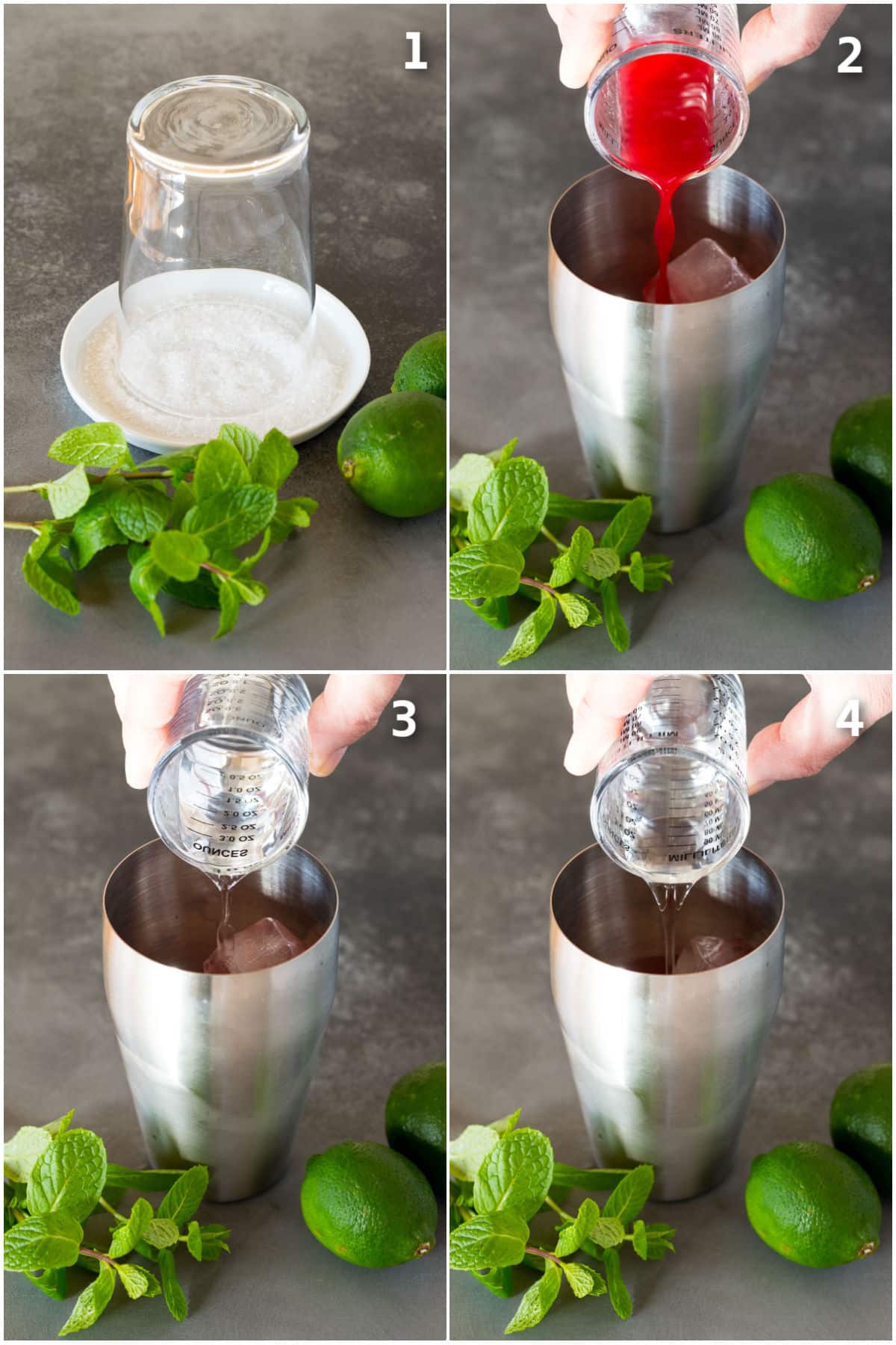 A glass being rimmed with sugar, and a cocktail shaker with juice and liquor being poured in.