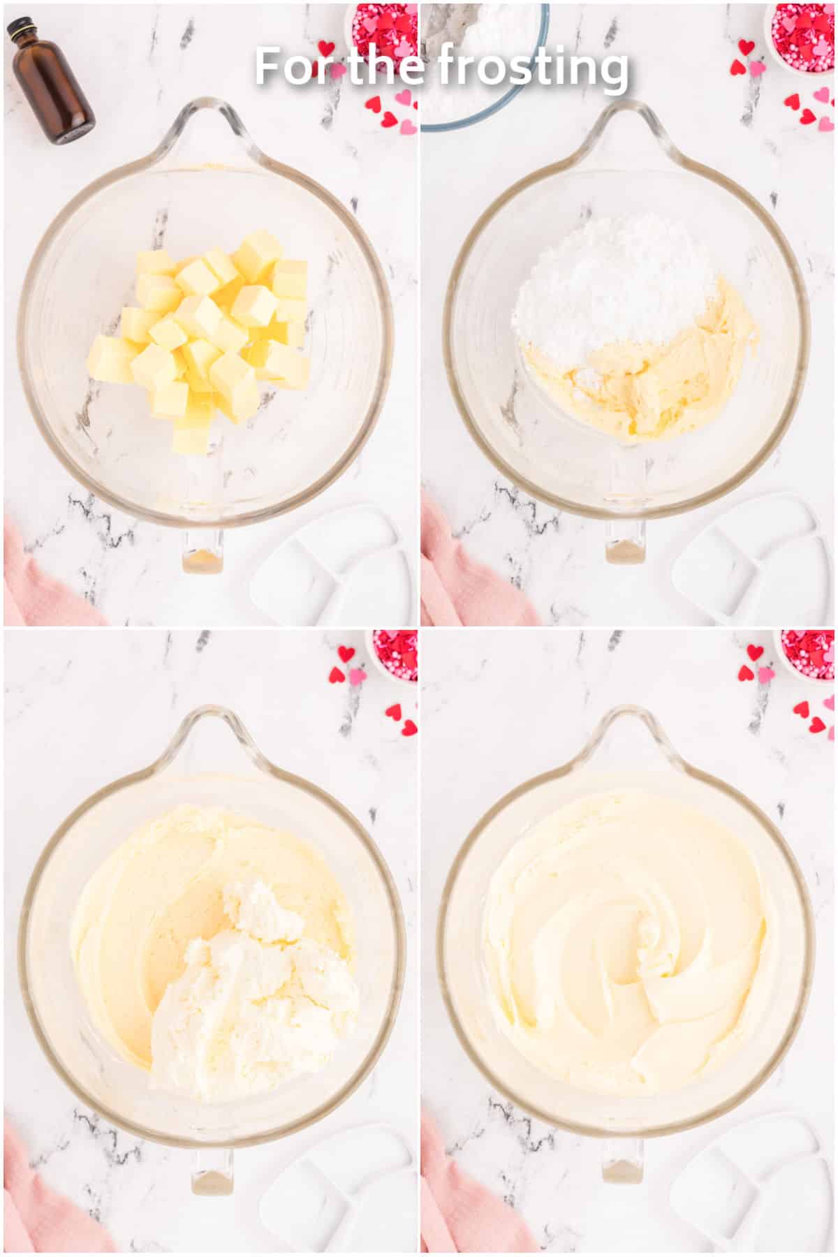 Cream cheese frosting being made in a mixing bowl.