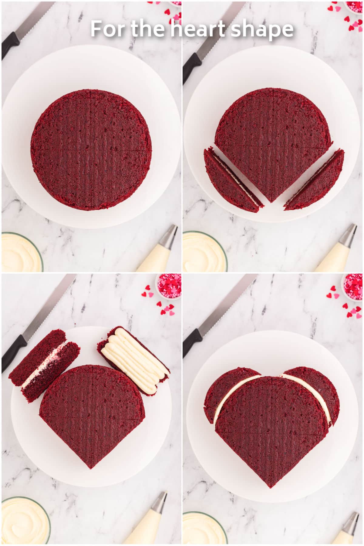 A round cake being cut into shapes and glued together with frosting to form a heart shape.