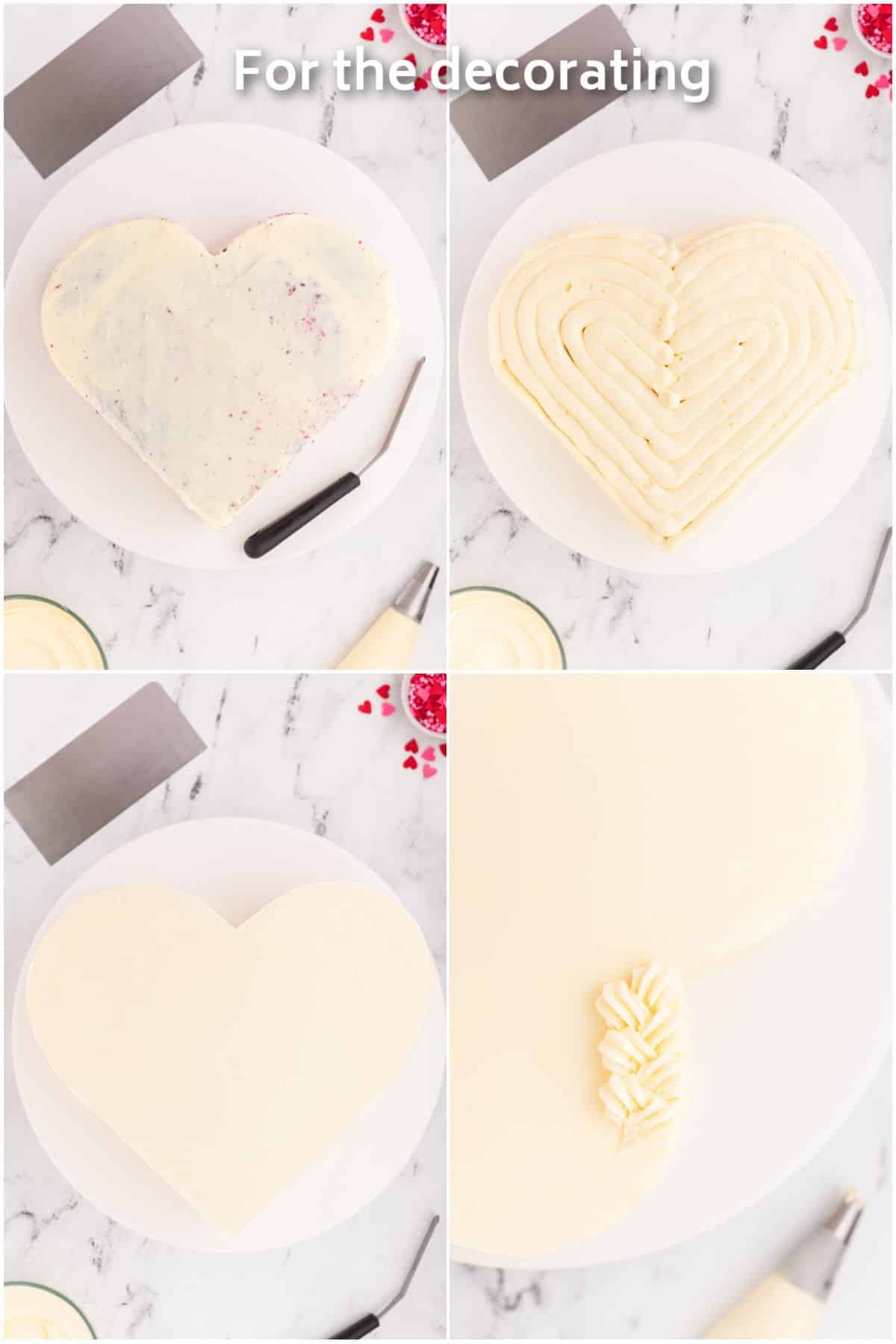 Frosting piped onto a heart shaped cake.