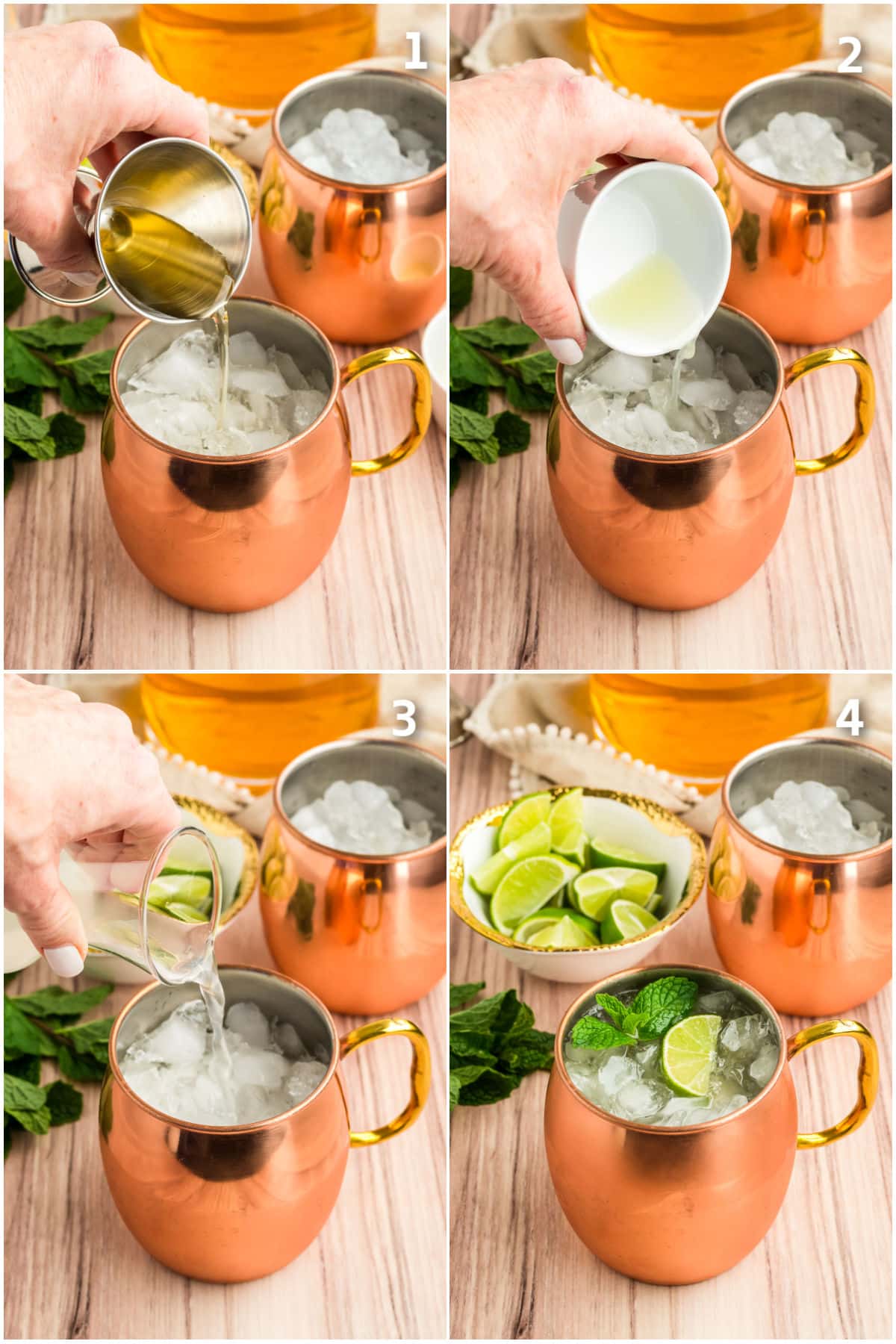 Whiskey, lime juice and ginger beer being poured into a copper cup.