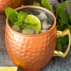 A Mexican mule in a copper mug topped with fresh mint and lime.