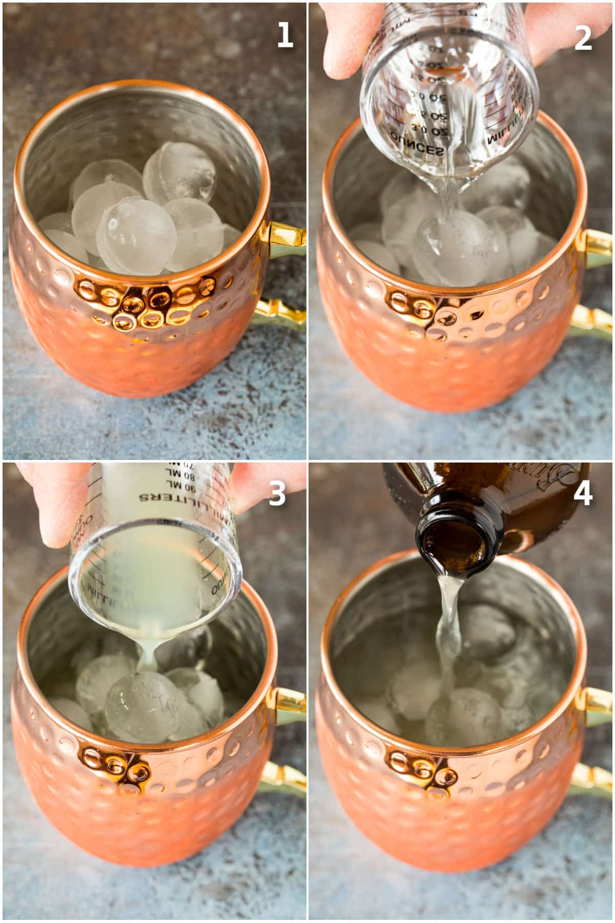 Lime juice, tequila and ginger beer being poured into a copper mug.