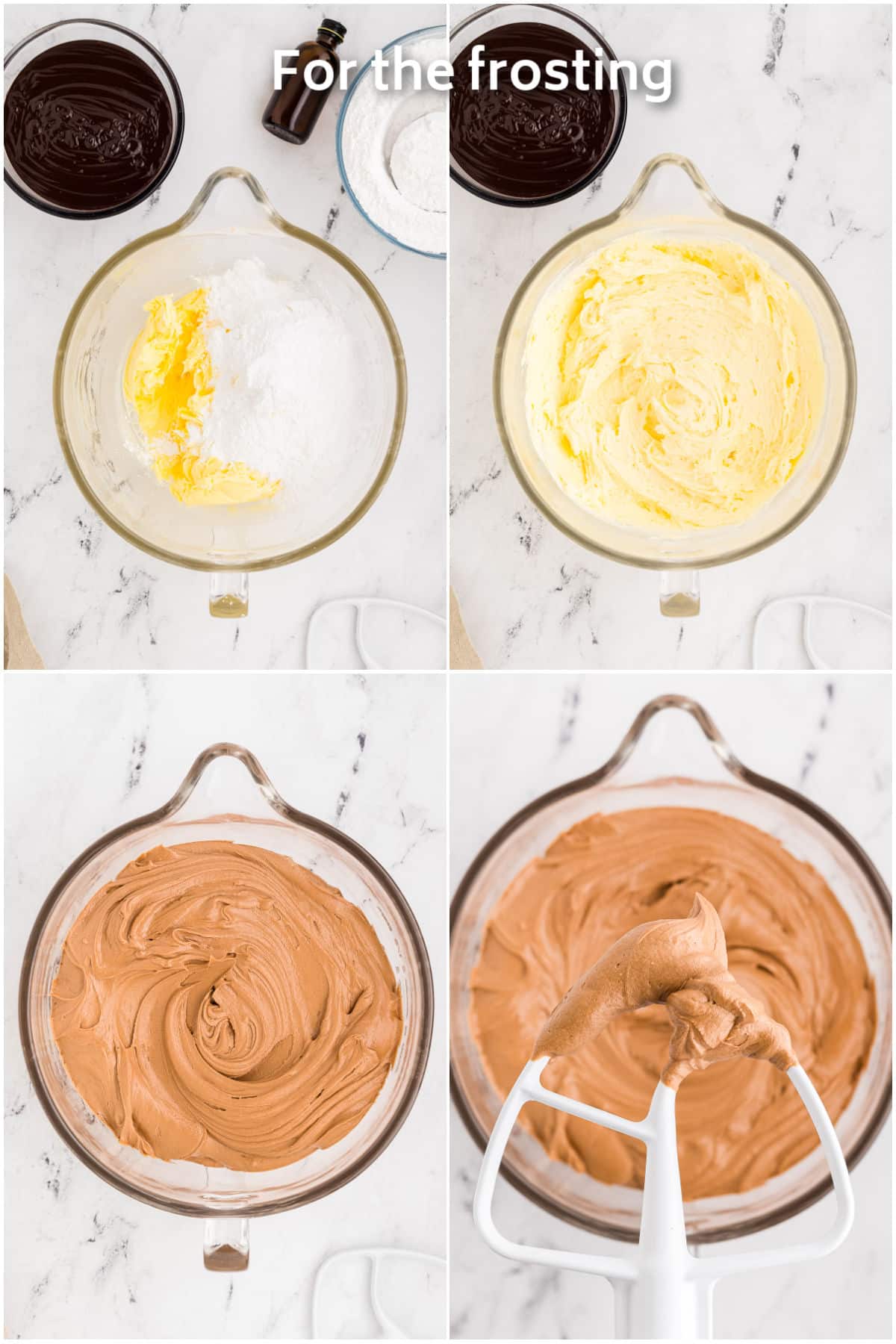 Butter, powdered sugar and ganache in a mixing bowl for frosting.