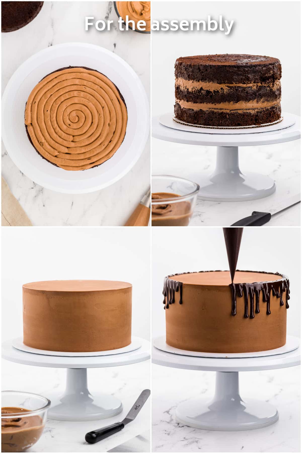 Assembly and frosting of a three layer chocolate cake.