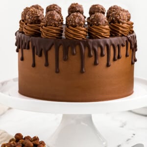 A Nutella cake on a stand with chocolate frosting, a ganache drizzle and chocolate hazelnut candy.
