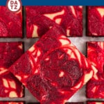 Red velvet brownies are fudgy bars topped with a cheesecake swirl and baked to perfection.