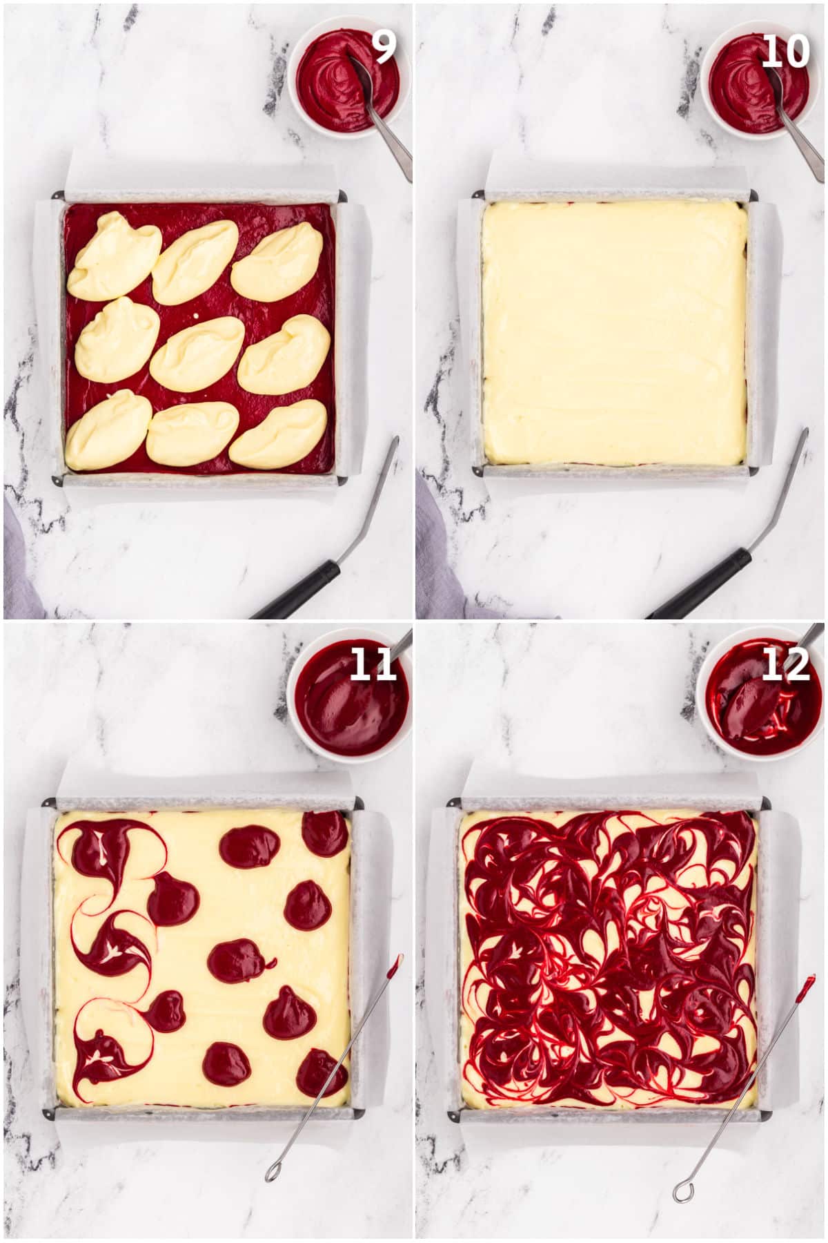 Cheesecake being spread over and swirled into a pan of red velvet bars.