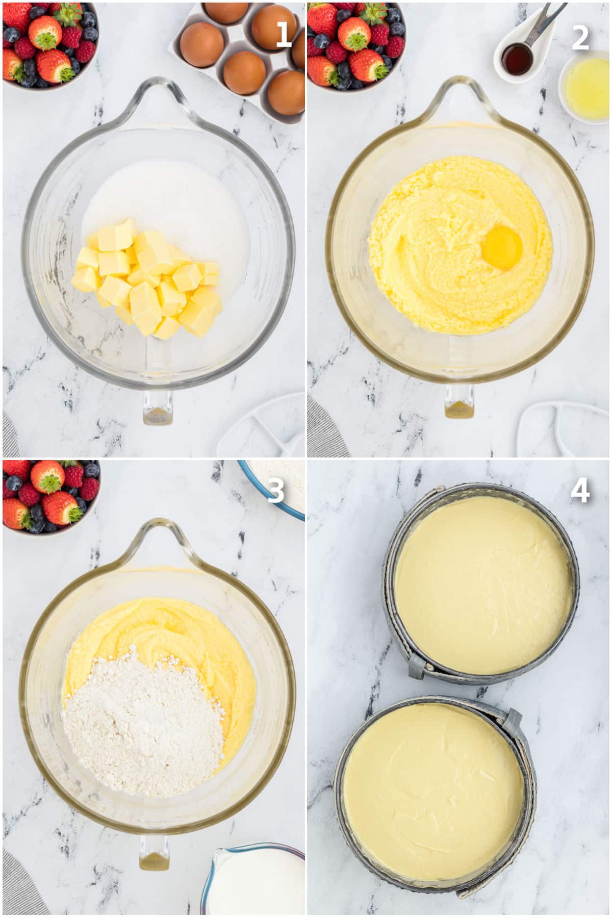 Cake batter being prepared and poured into pans.