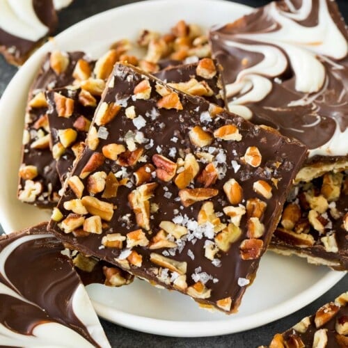 A plate of two different flavors of matzo crack.