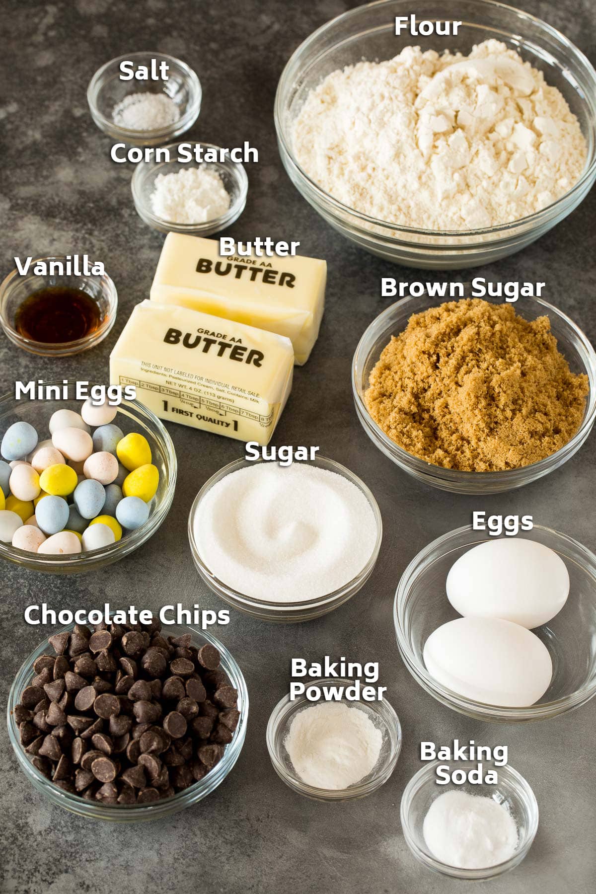 Ingredients including butter, flour, sugar, brown sugar, eggs and chocolate.