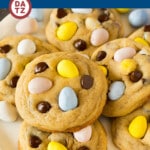 These mini egg cookies are soft and chewy brown sugar cookies loaded with chocolate chips and Cadbury mini eggs.