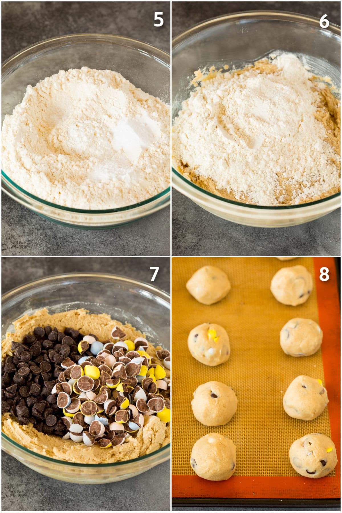 Various dry ingredients being added to a bowl of cookie dough.
