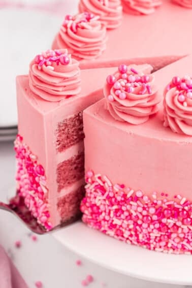 A pink cake with a slice being served out of it. The pink cake is decorated with sprinkles.