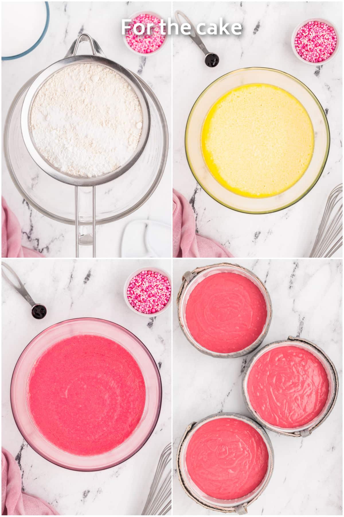 Cake batter being prepared and poured into pans.