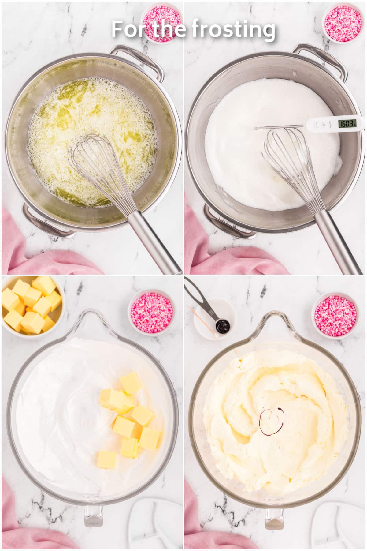 Swiss meringue buttercream being prepared in a mixer.