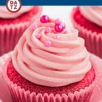 These pink cupcakes are light and fluffy pink velvet cake topped with a swirl of homemade cream cheese frosting and sprinkles.