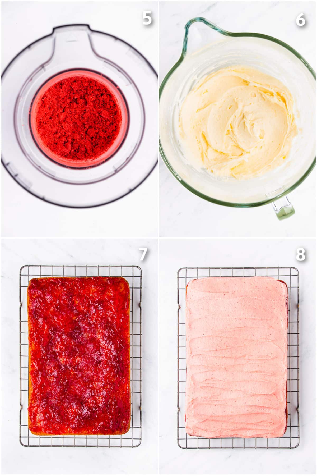 Strawberry buttercream being made and layered onto a cake with strawberry jam.