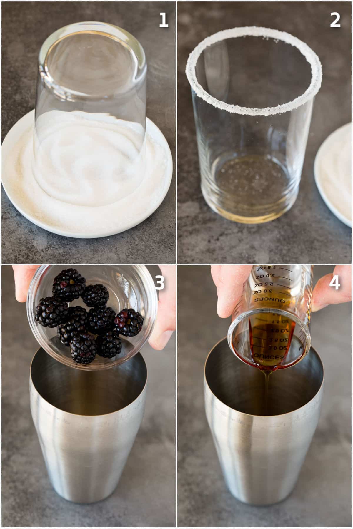 A glass coated with a sugar rim and blackberries and agave added to a cocktail shaker.
