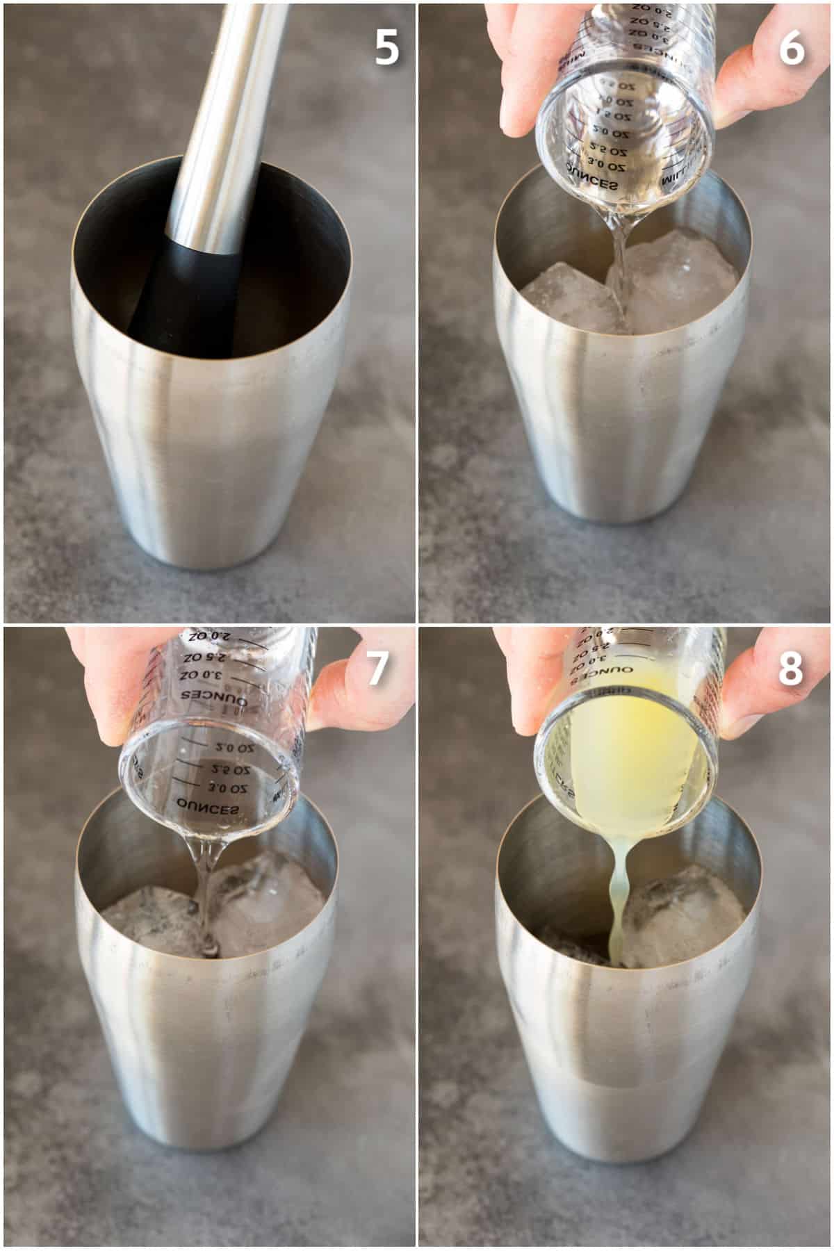 A muddler in a cocktail shaker and tequila, lime juice and triple sec being added to the shaker.
