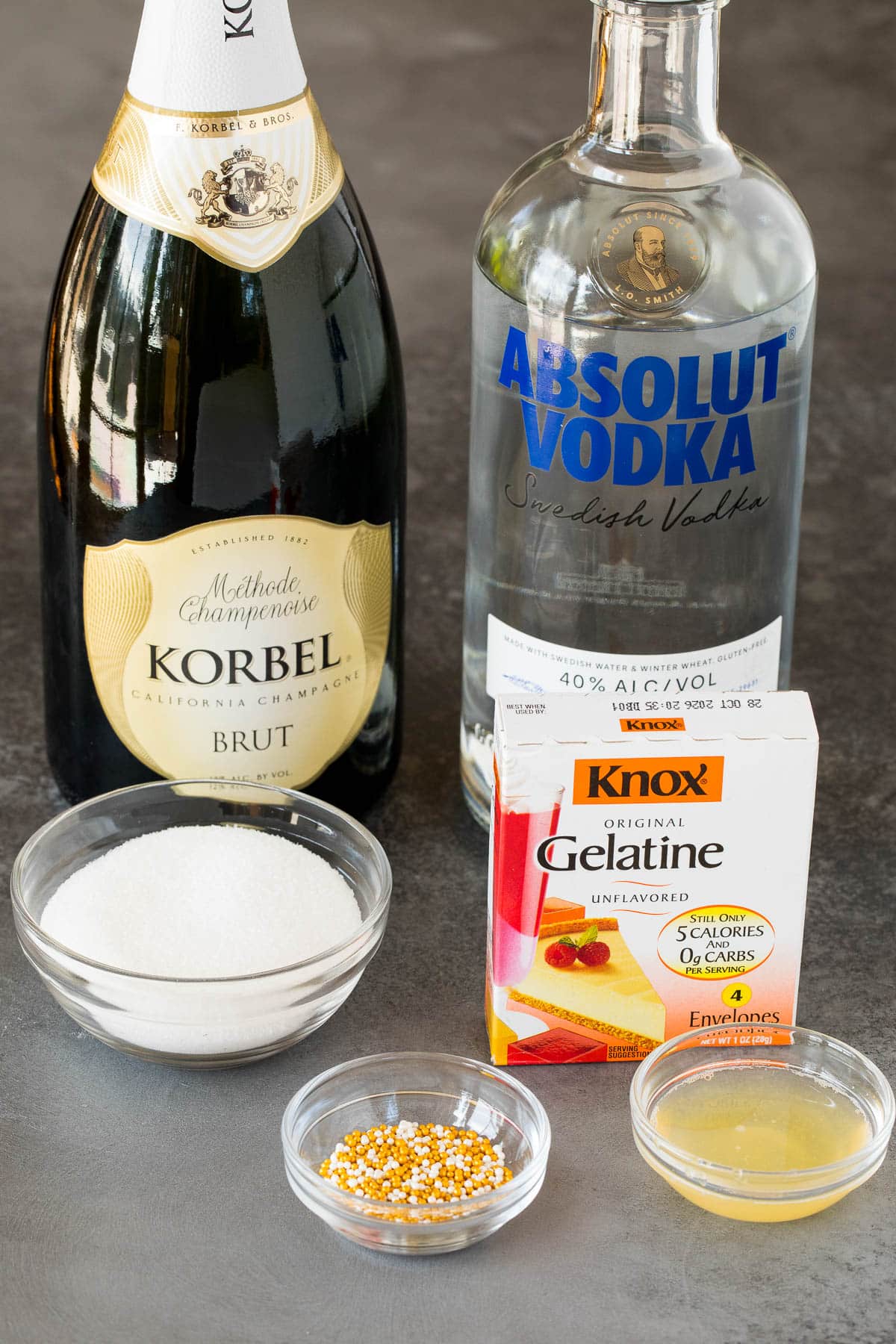Ingredients including vodka, champagne, lemon juice, sugar and gelatin.