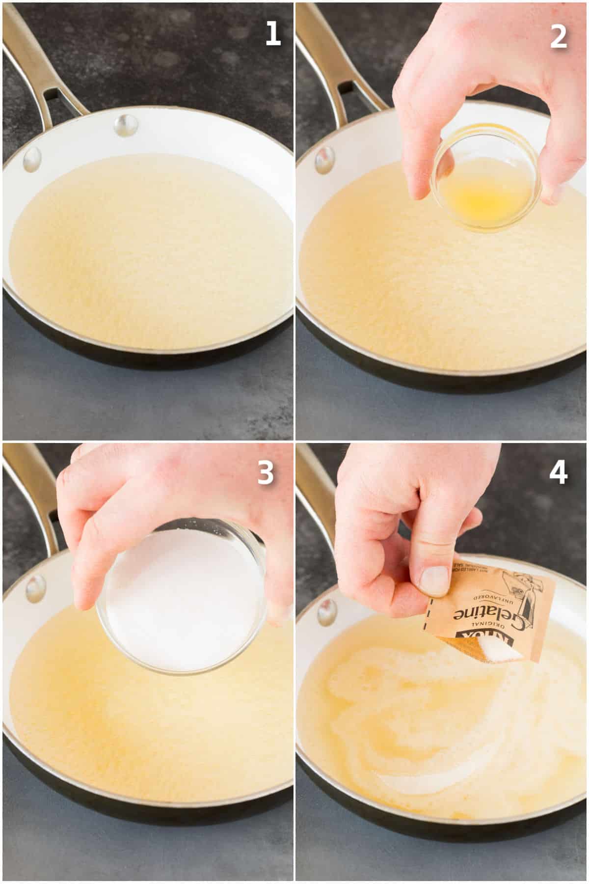Champagne, sugar, lemon juice and gelatin powder being poured into a pan.