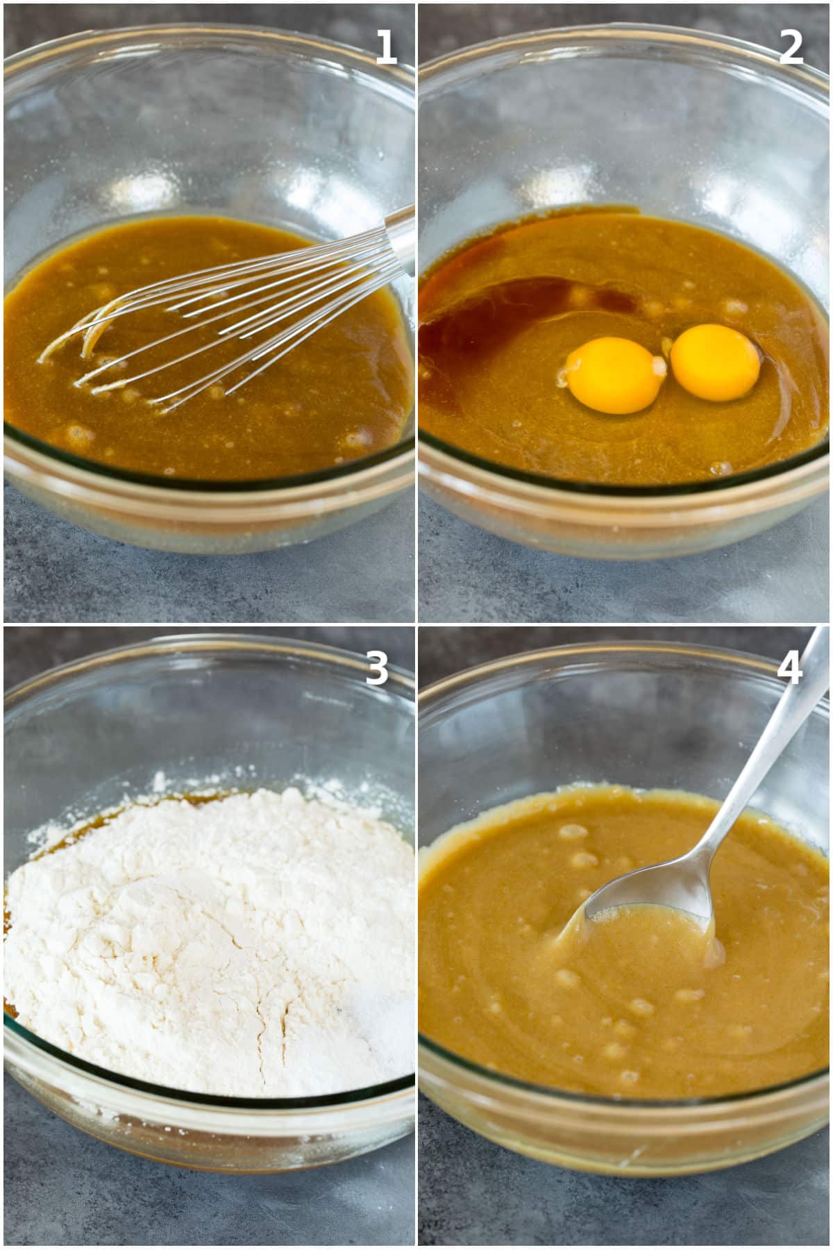 Brown sugar, butter, eggs and flour mixed together to form a batter.