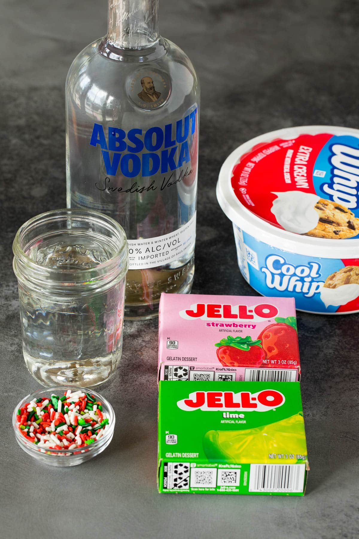 Ingredients including Jello, water, vodka and sprinkles.