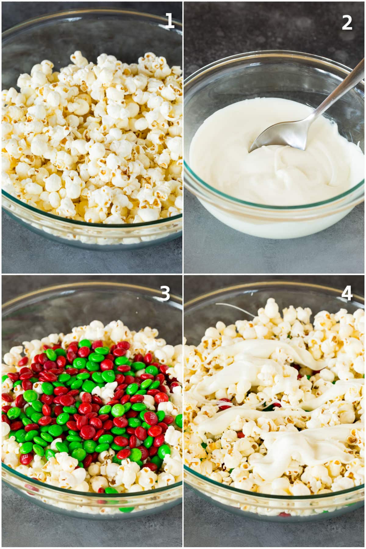 Popcorn topped with M&M's and drizzled with white chocolate.