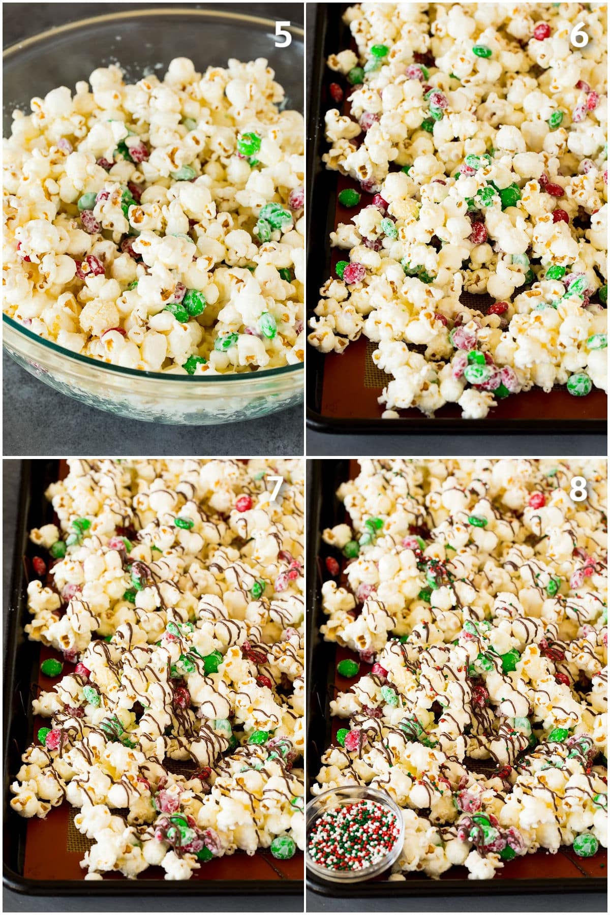White chocolate popcorn topped with dark chocolate and sprinkles.