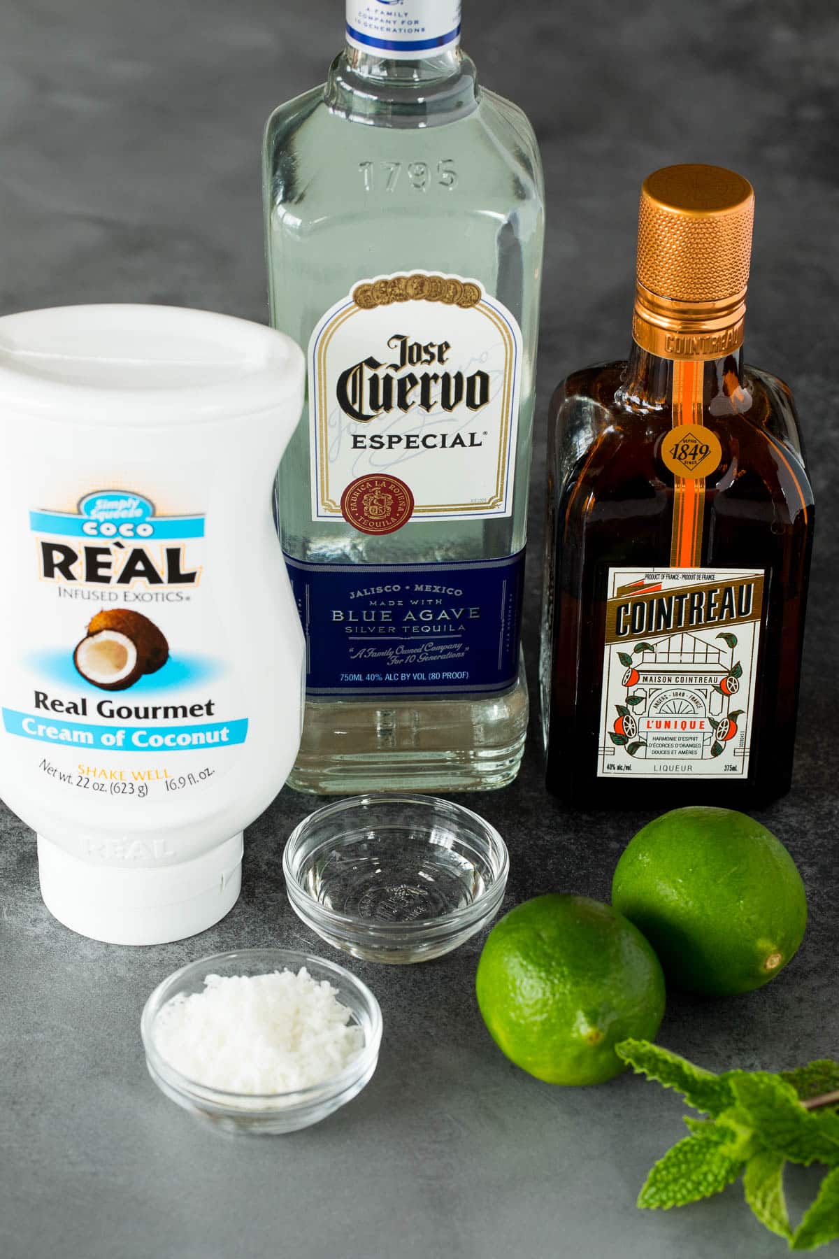 Ingredients including coconut cream, triple sec, tequila, limes and sugar.