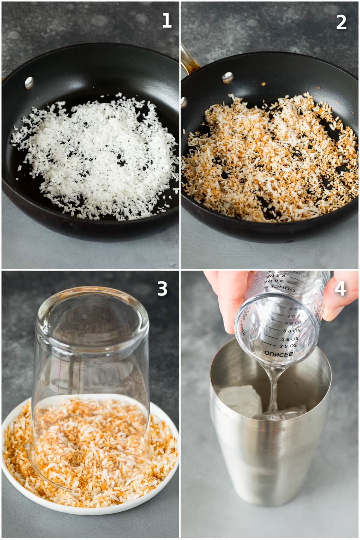 Coconut being toasted in a pan and put onto the rim of a glass.
