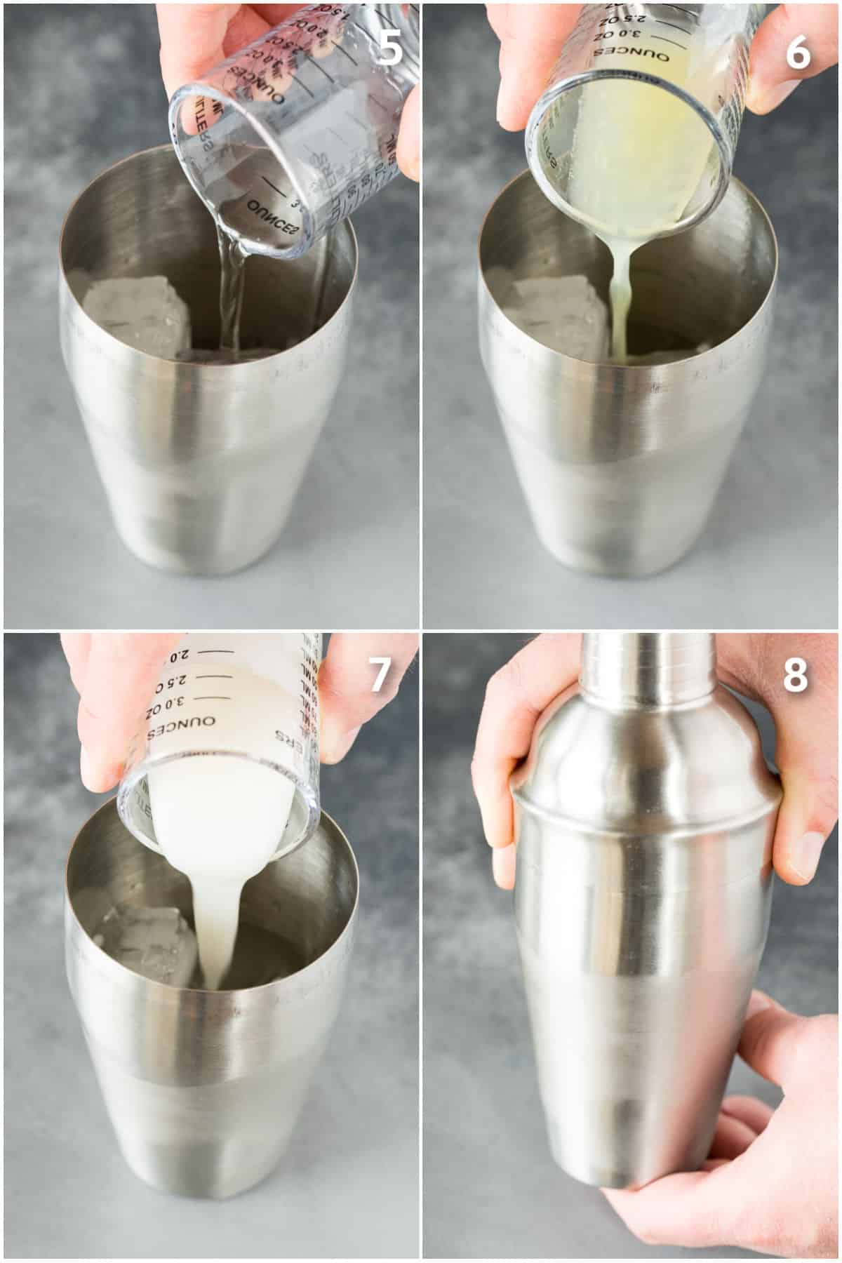 Triple sec, lime juice and coconut cream going into a cocktail shaker.