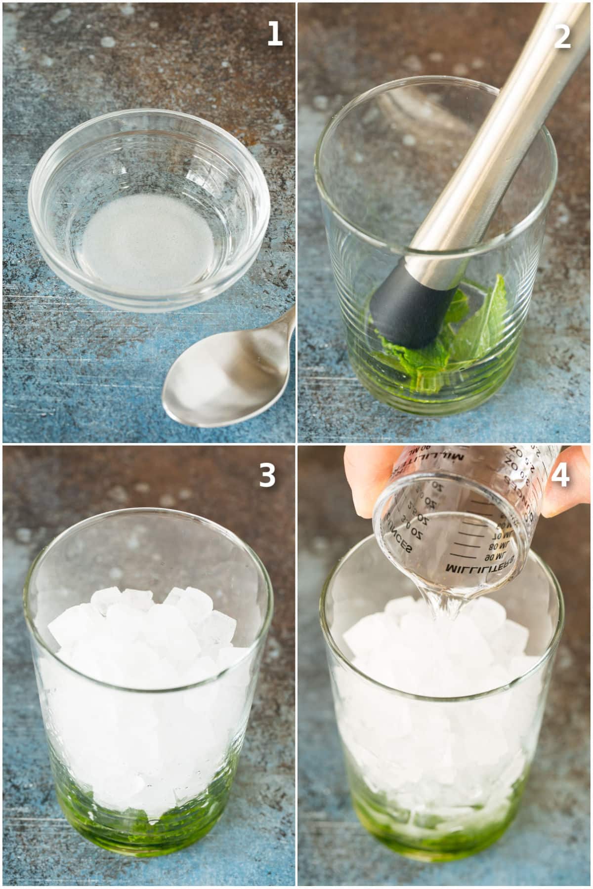 Sugar syrup and mint muddled together with ice and rum.