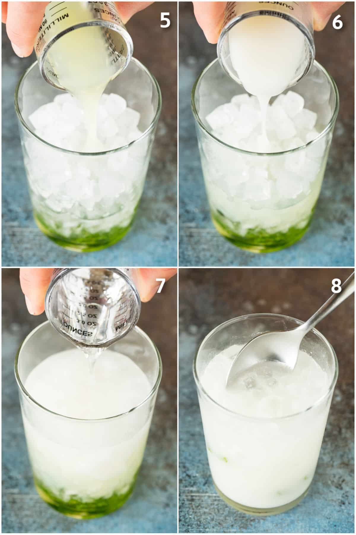 Lime juice, coconut cream and club soda being poured into a cup.