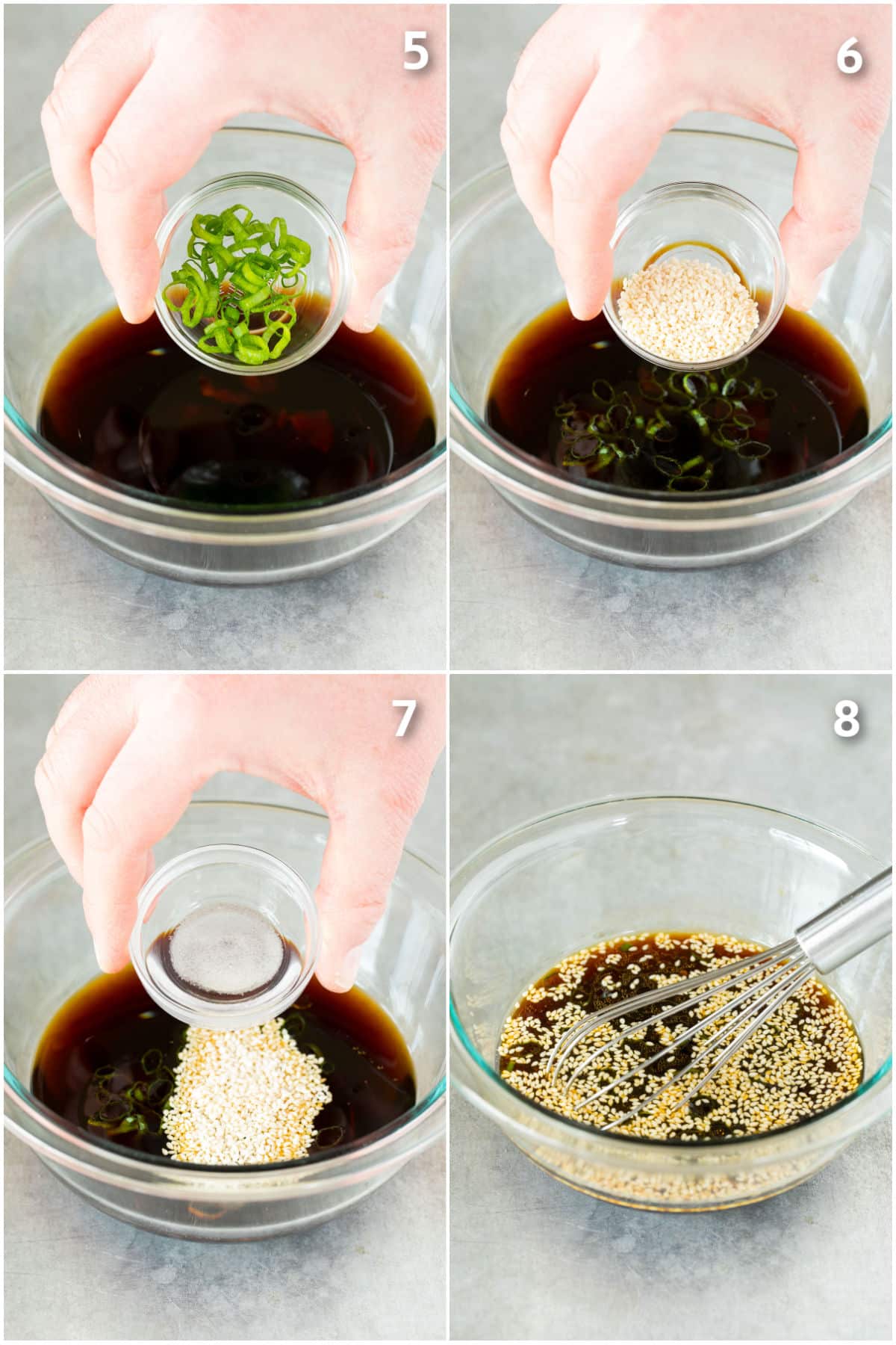 Green onions, sesame seeds and sugar poured into a bowl of sauce.