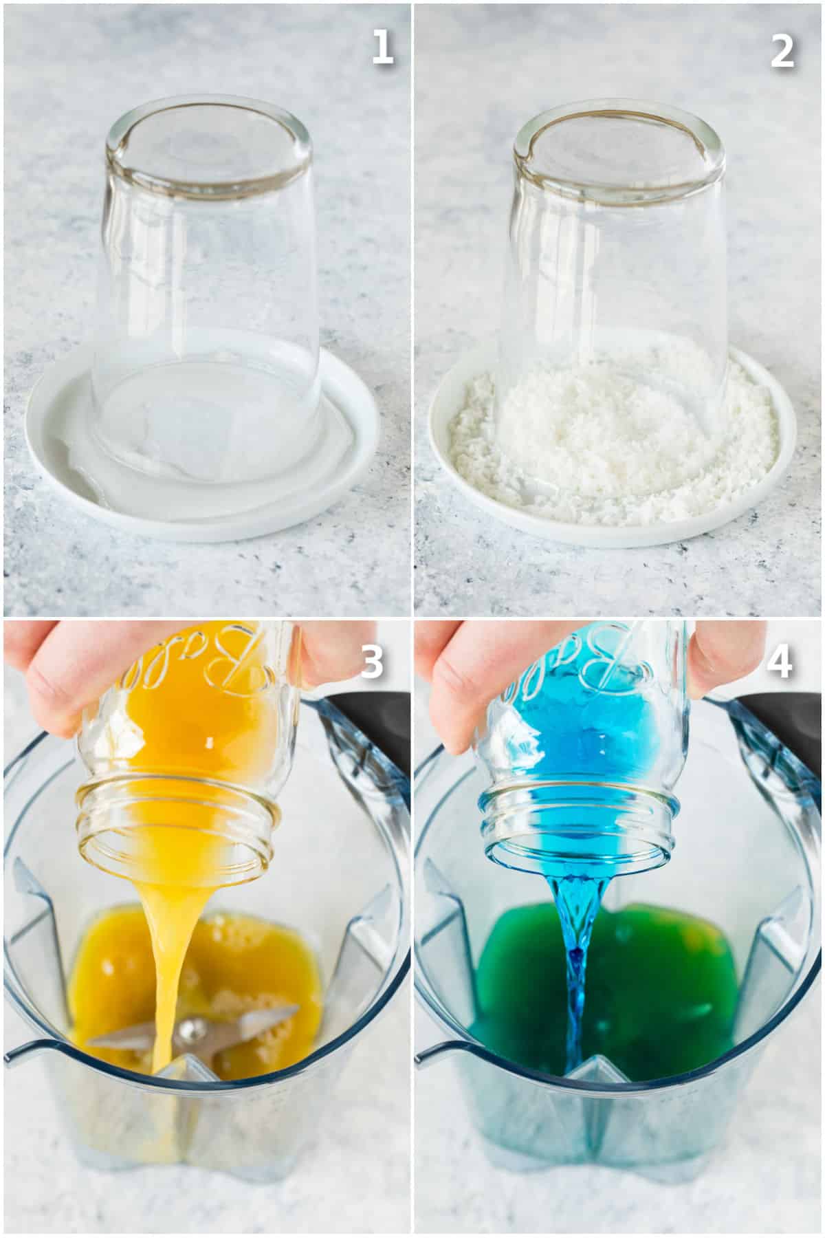 A cup with the rim coated in coconut, and pineapple juice and blue curacao in a blender.