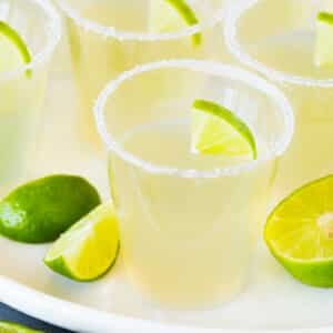Margarita Jello shots with sugared rims and fresh lime slices as garnish.