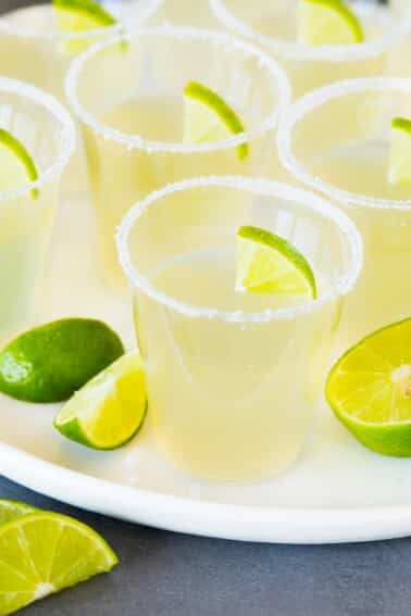 Margarita Jello shots with sugared rims and fresh lime slices as garnish.