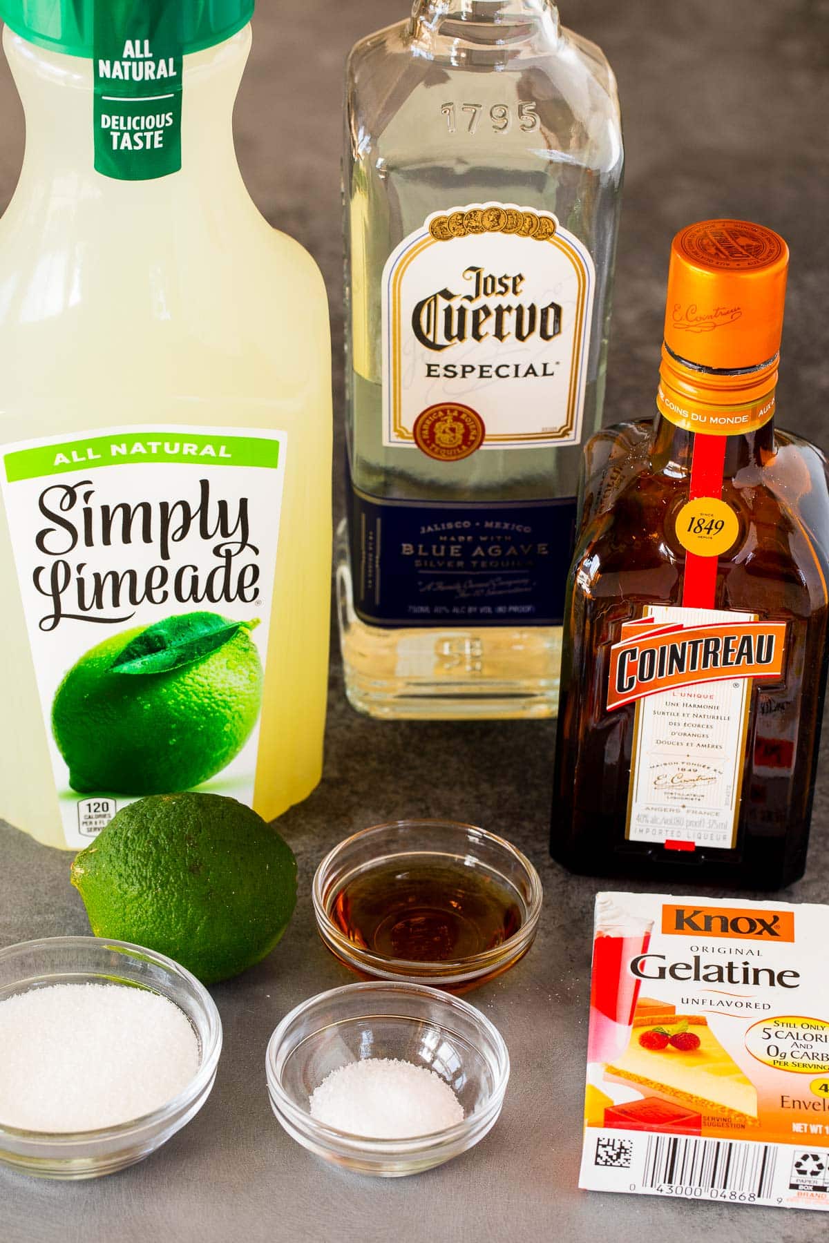 Ingredients including limemade, tequila, triple sec, gelatin and agave syrup.