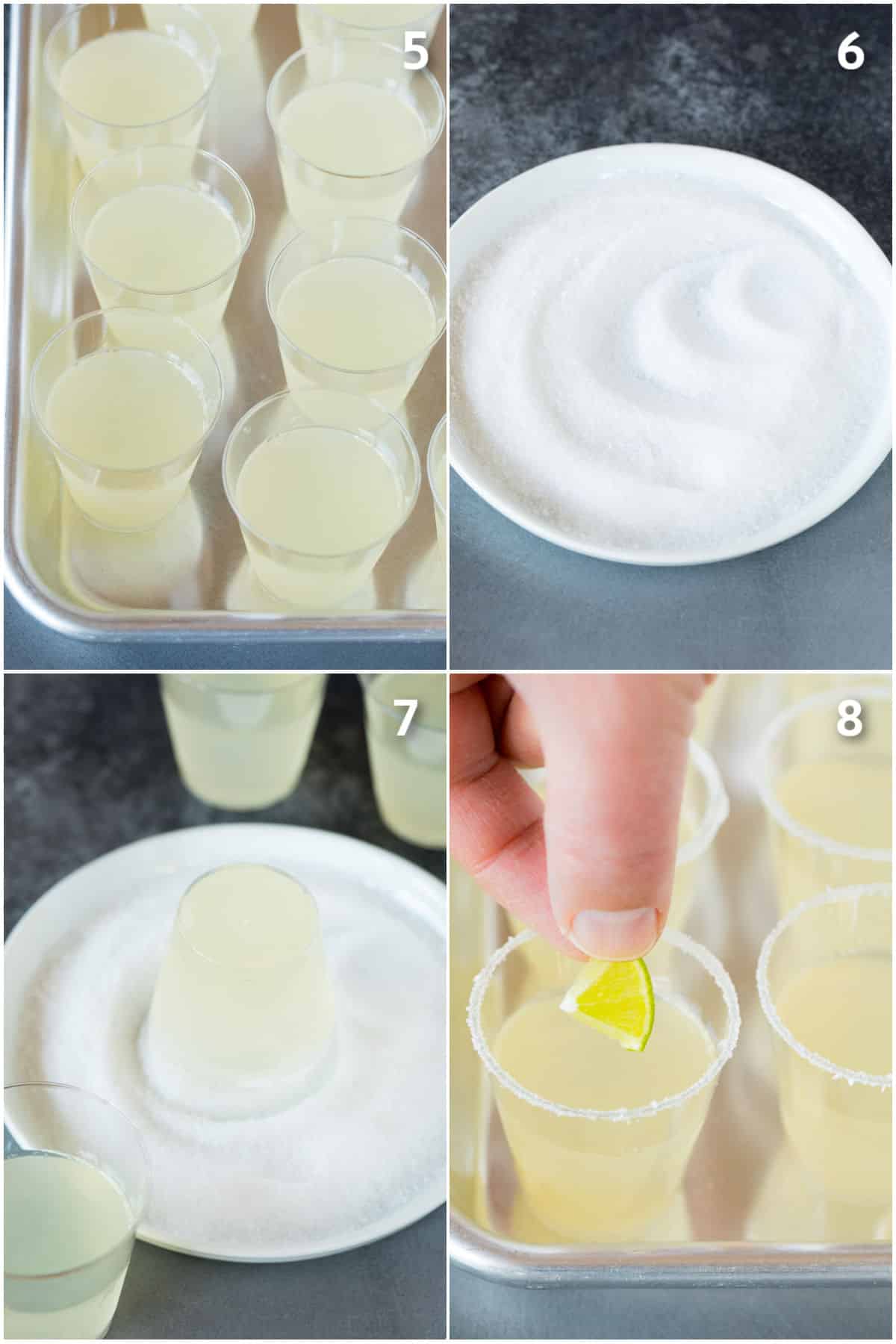 Gelatin shots being dipped into a mixture of sugar and salt.