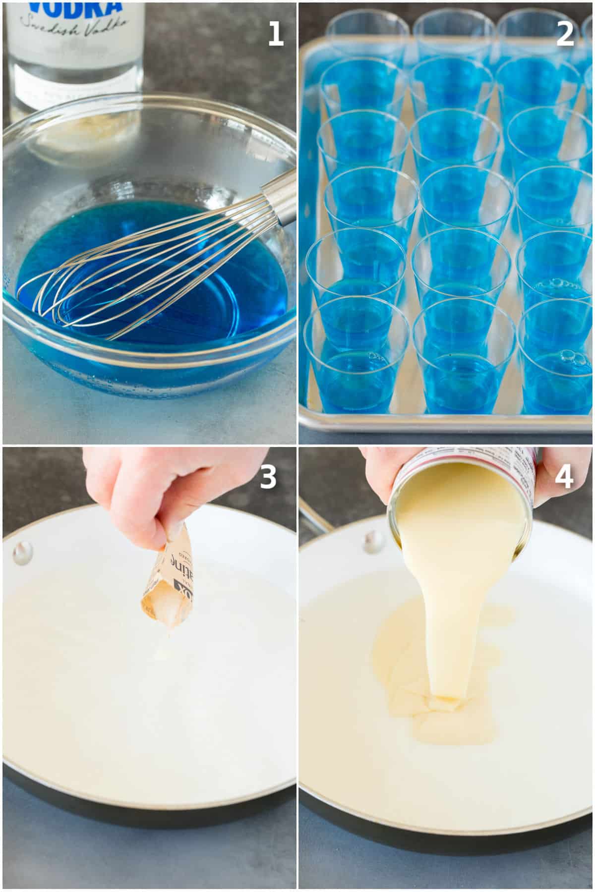 Blue jello being made and gelatin combined with condensed milk.