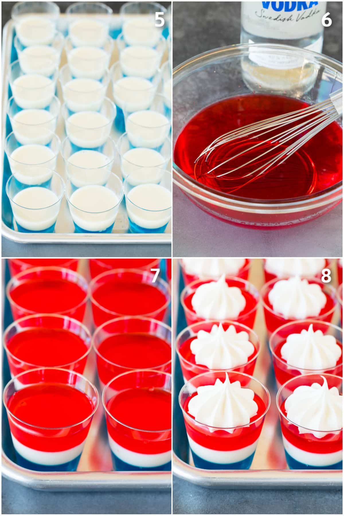 Red, white and blue gelatin being layered into cups.